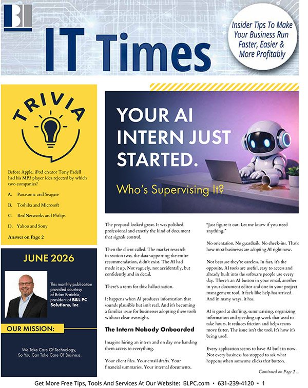 Newsletter cover for June 2026 BLPC IT Times featuring AI intern article